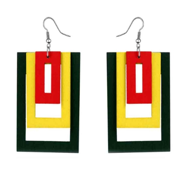 Big Hollow Geometric Wooden Earrings Red Yellow - Picture 1 of 1